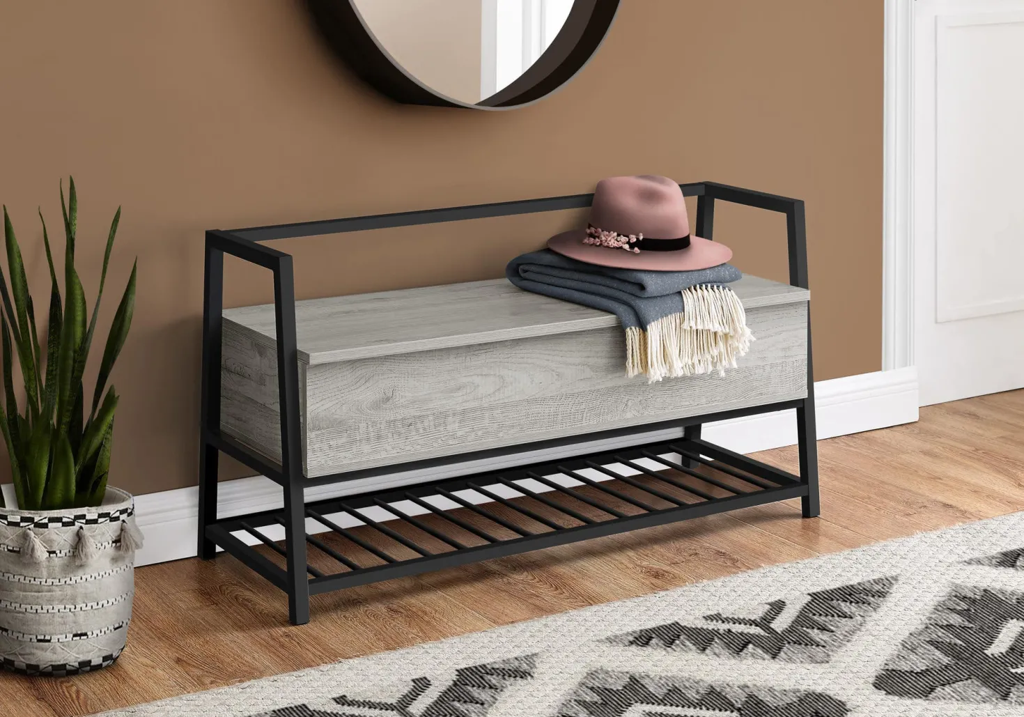 Banc - étagère à chaussures, rangement à rabat - 42"L - faux bois gris, mét - Monarch