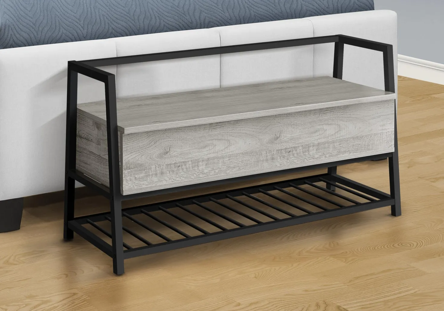 Banc - étagère à chaussures, rangement à rabat - 42"L - faux bois gris, mét - Monarch