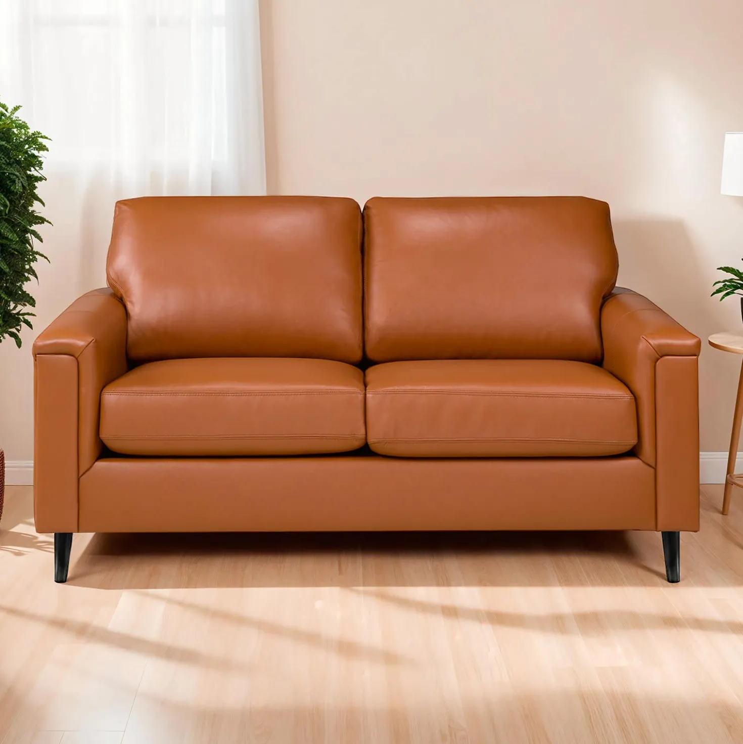Causeuse en cuir véritable - cognac
