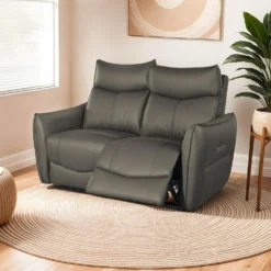Causeuse inclinable électrique en cuir véritable à 3 moteurs - appuis-tête, repose-pieds et soutien lombaire