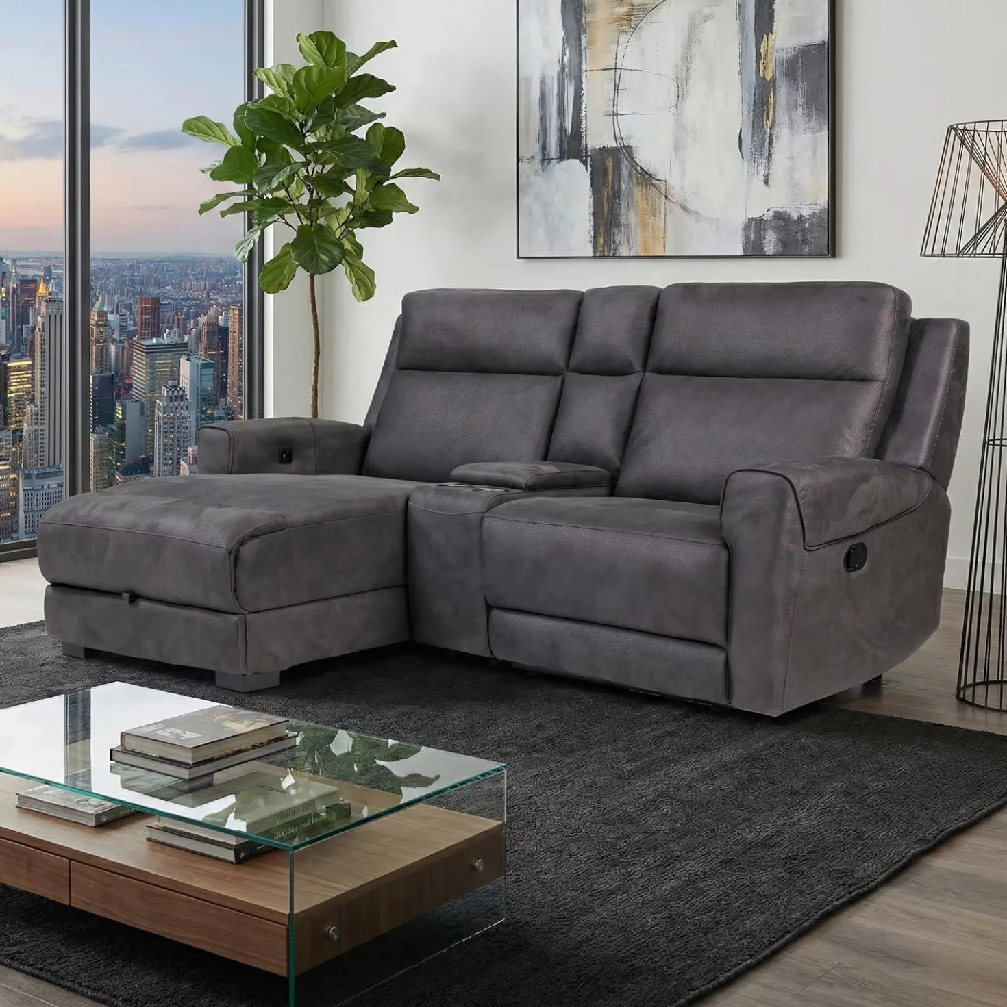 Causeuse modulaire inclinable, chaise longue avec rangement, console avec porte-gobelets et ports USB/USB-C - 3 mcx