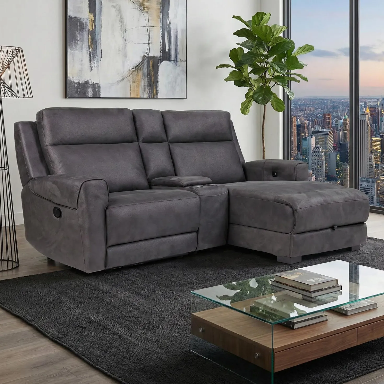 Causeuse modulaire inclinable, chaise longue avec rangement, console avec porte-gobelets et ports USB/USB-C - 3 mcx