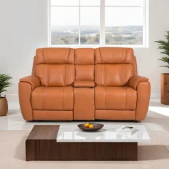 Causeuse modulaire inclinable électrique en cuir véritable avec appuis-tête ajustables, console et porte-gobelets rétractables - 3 mcx