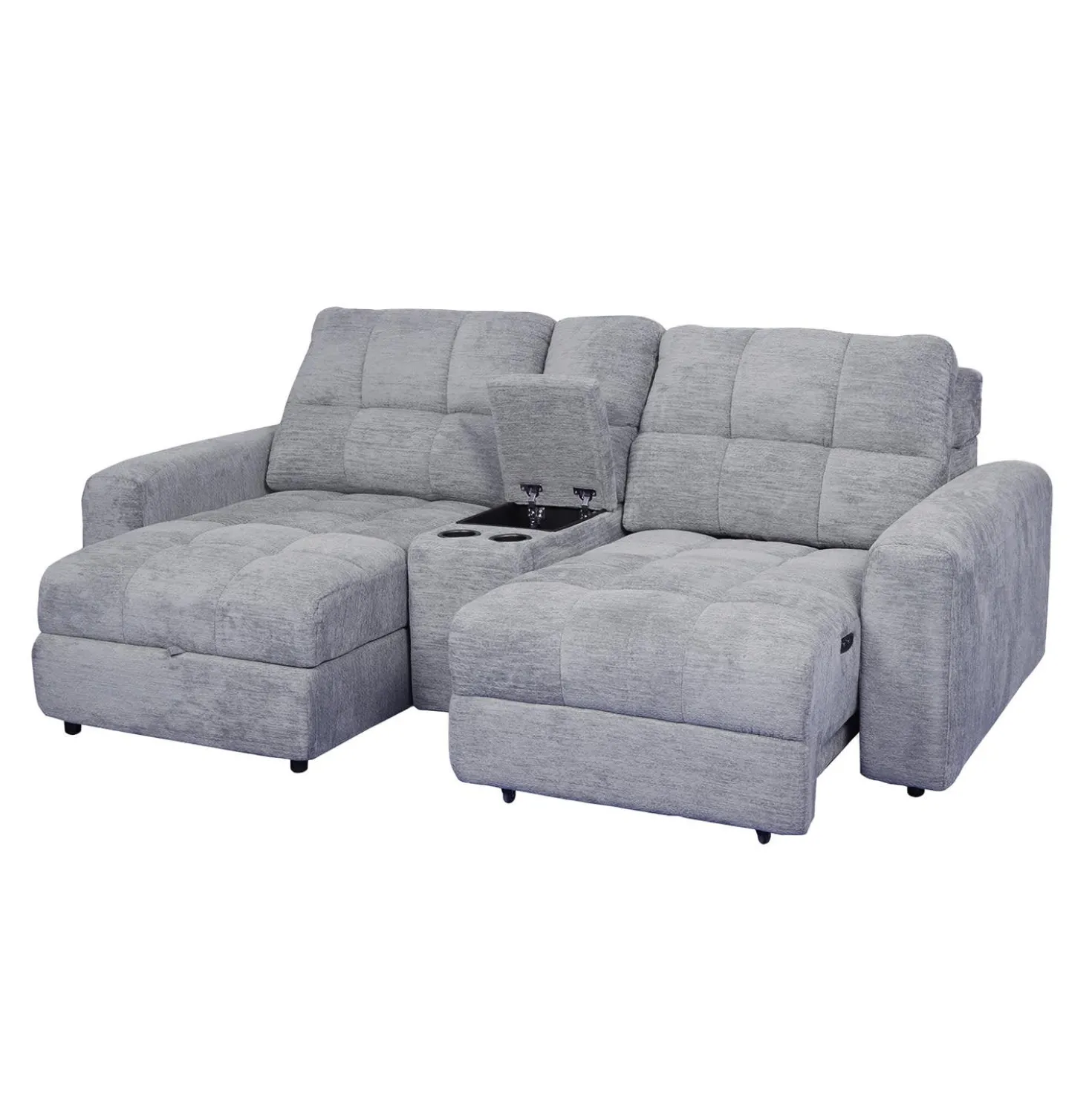 Causeuse modulaire électrique avec siège coulissant à droite, chaise longue à gauche avec rangement et console - 3 mcx