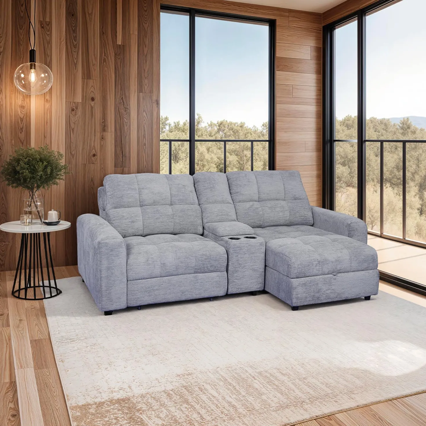Causeuse modulaire électrique avec siège coulissant à gauche, chaise longue à droite avec rangement et console - 3 mcx