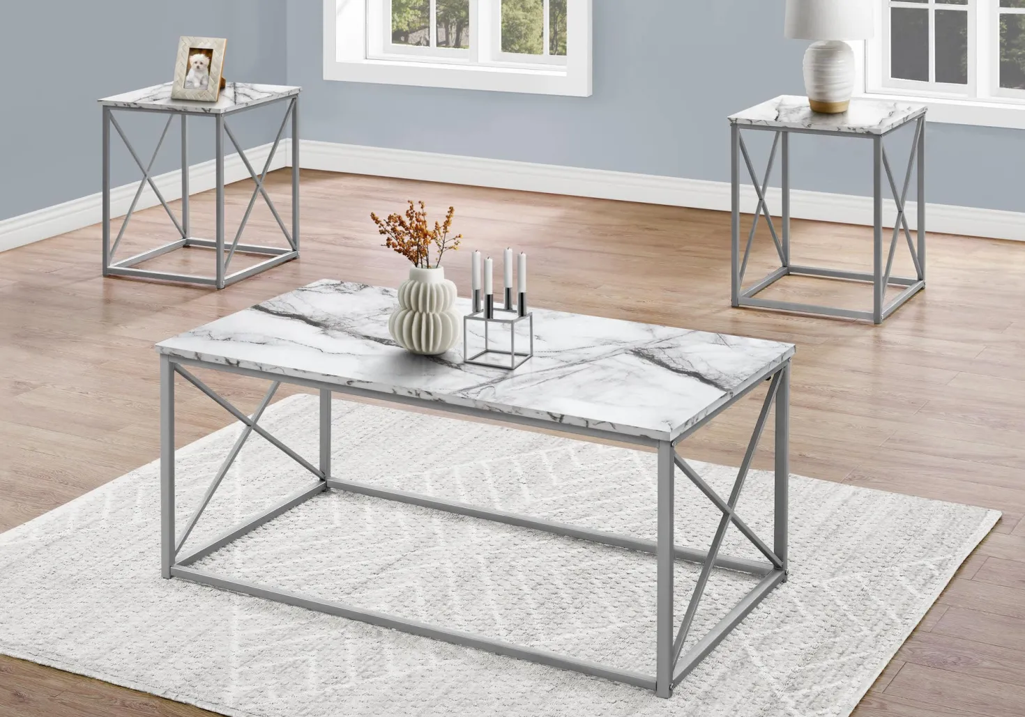 Ens de tables - 3mcx, marbre blanc, métal argent - Monarch