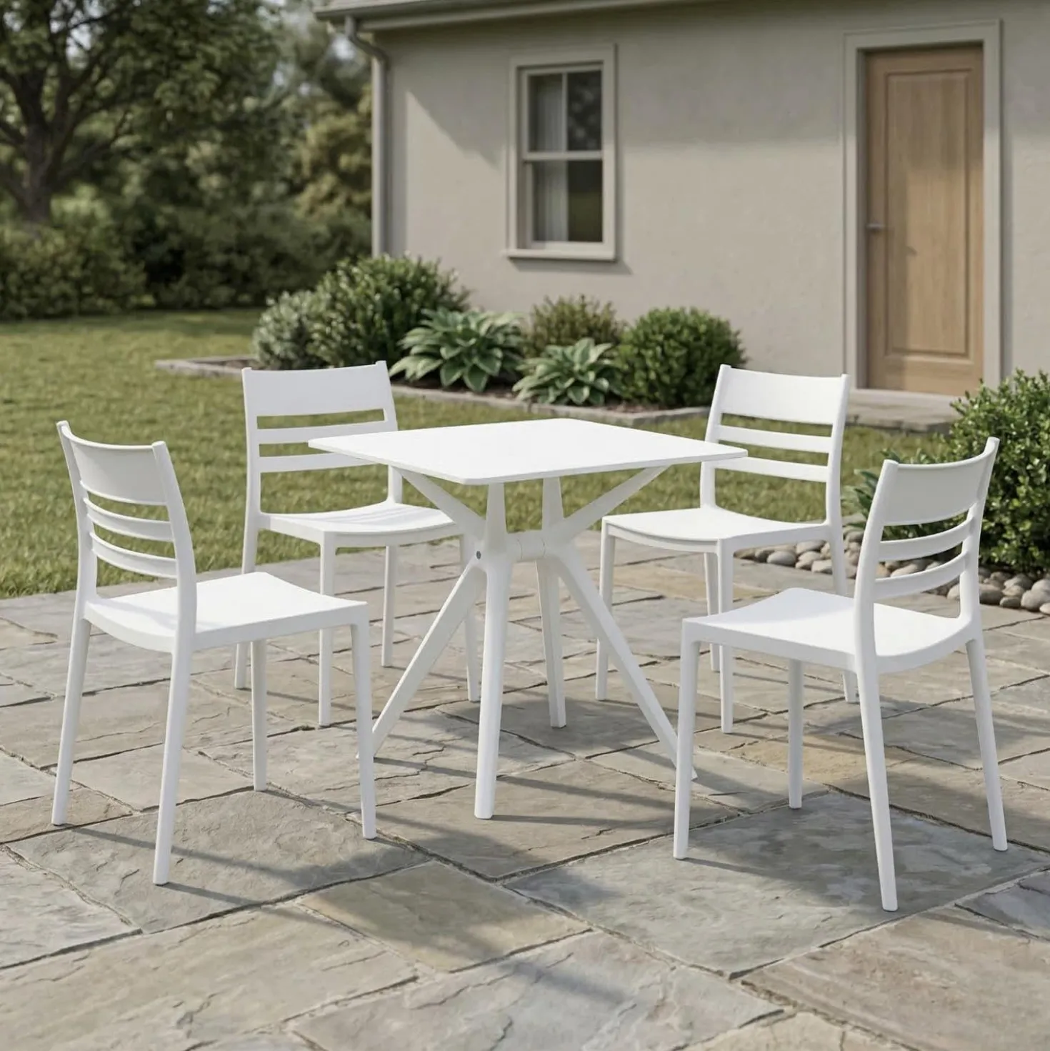 Ensemble à dîner d'extérieur en résine avec 1 table carrée et 4 chaises empilables - blanc