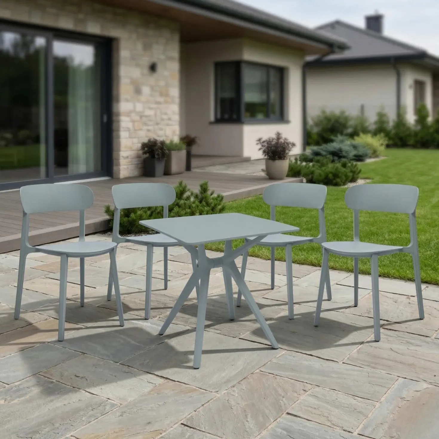 Ensemble à dîner d'extérieur en résine avec 1 table carrée et 4 chaises empilables - gris