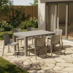 Ensemble à dîner d’extérieur en résine avec 1 table rectangulaire et 6 chaises empilables - gris