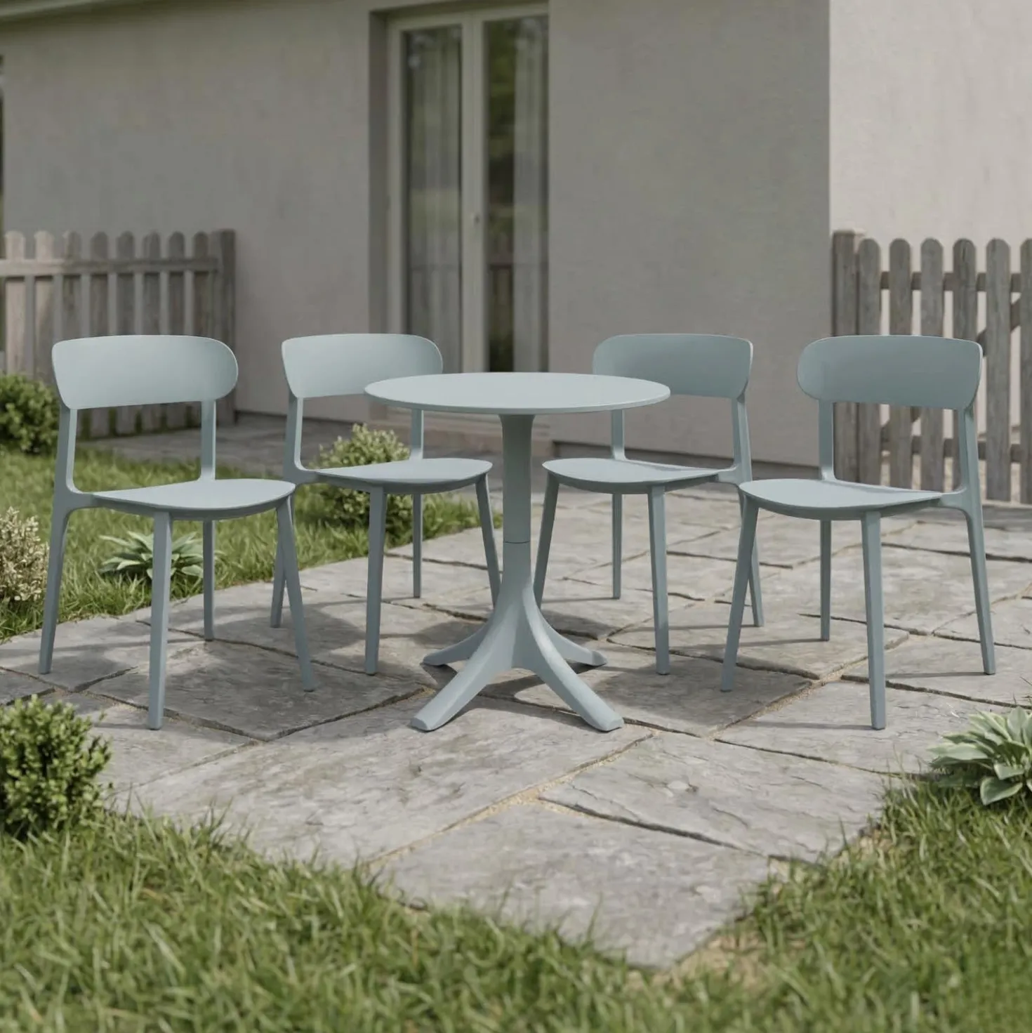 Ensemble à dîner d'extérieur en résine avec 1 table ronde et 4 chaises empilables - gris