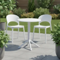 Ensemble à dîner intérieur/extérieur en résine avec table ronde et 2 chaises empilables - blanc