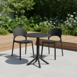 Ensemble à dîner intérieur/extérieur en résine avec table ronde et 2 chaises empilables - noir