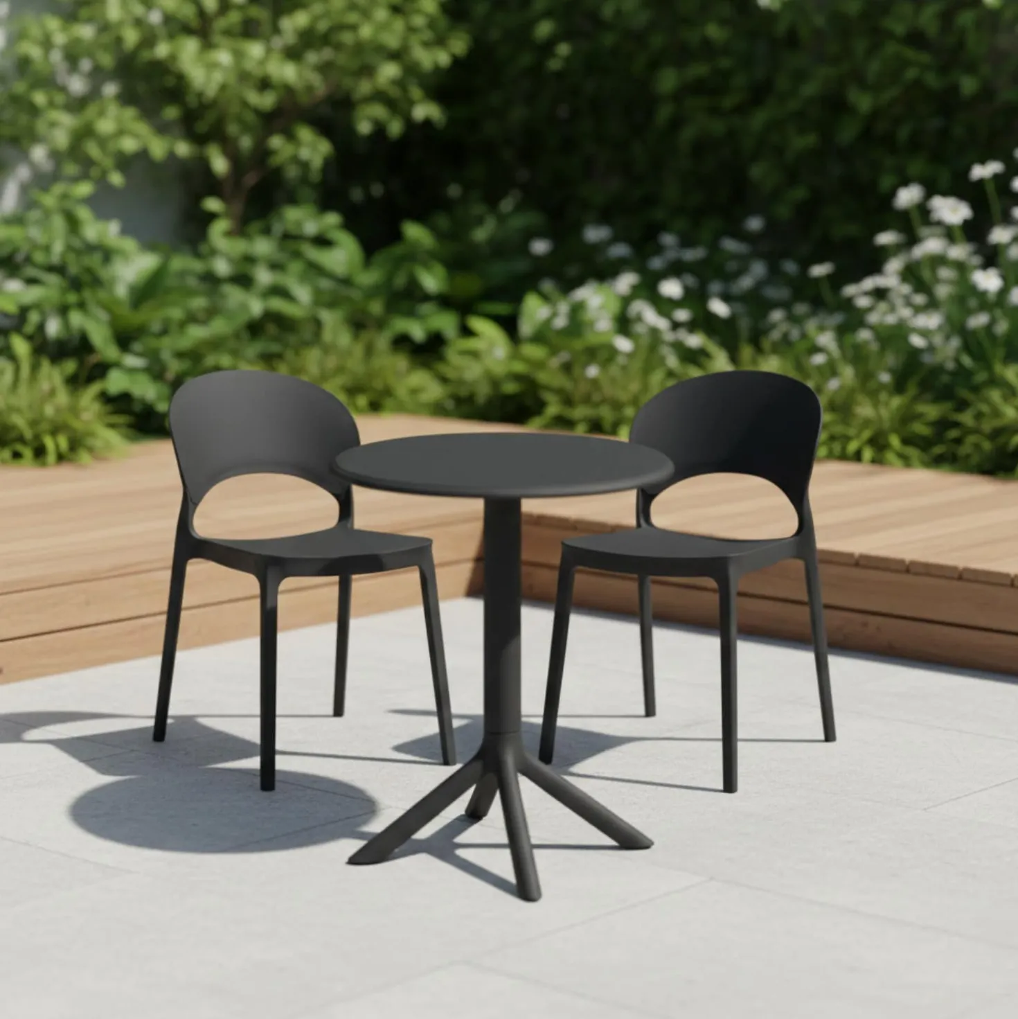 Ensemble à dîner intérieur/extérieur en résine avec table ronde et 2 chaises empilables - noir