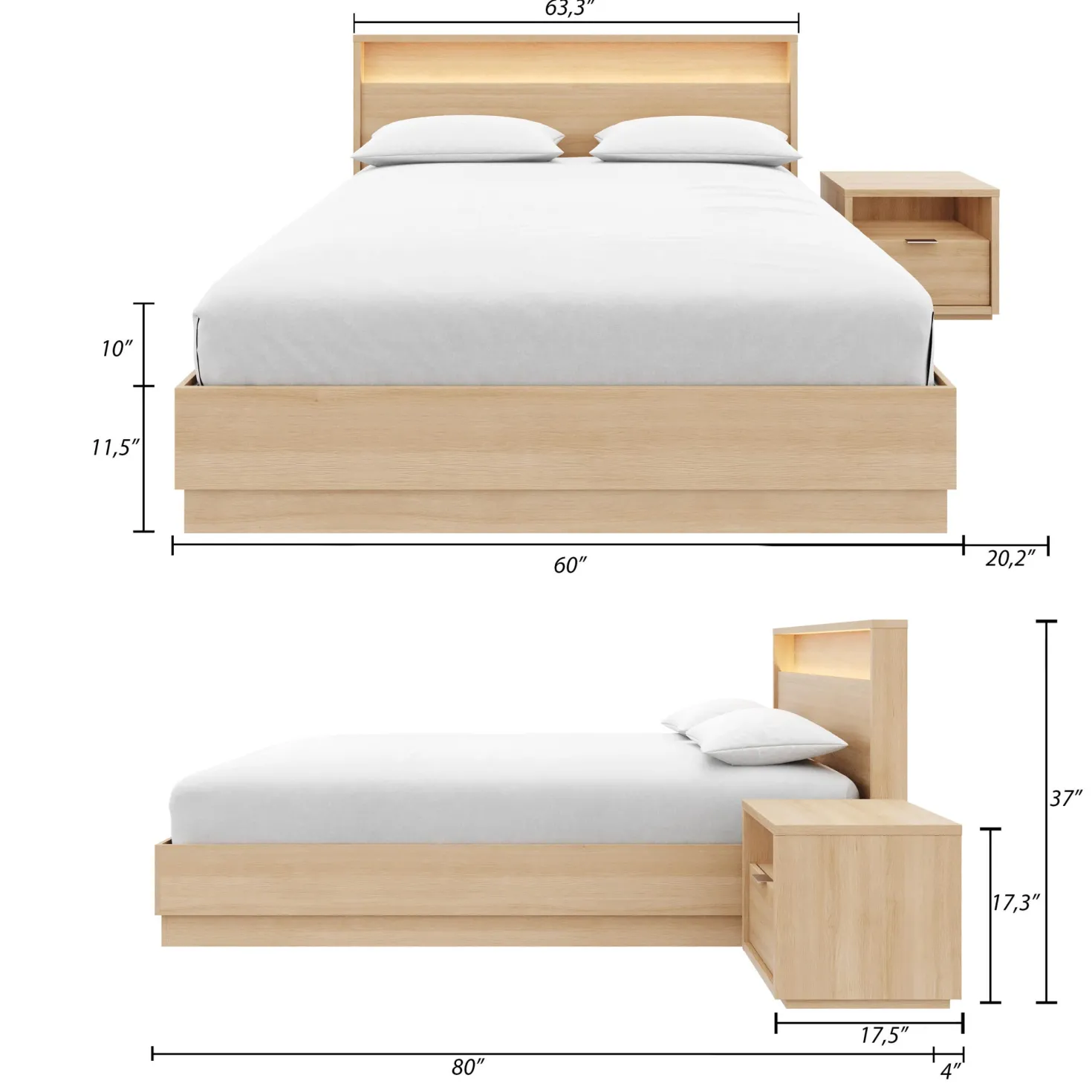 Ensemble grand lit avec éclairage (60") - 3 mcx - Nexera