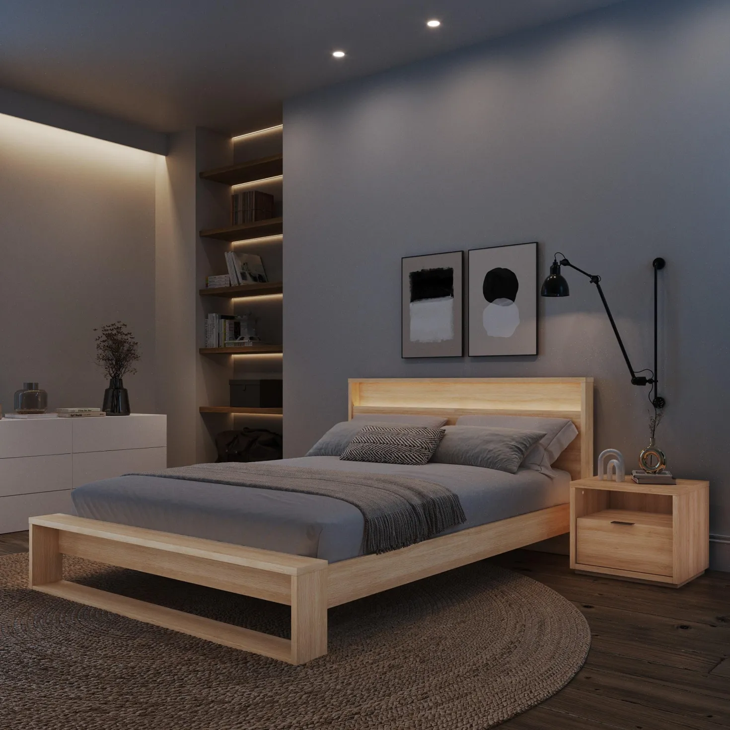 Ensemble grand lit avec éclairage (60") - 3 mcx - Nexera