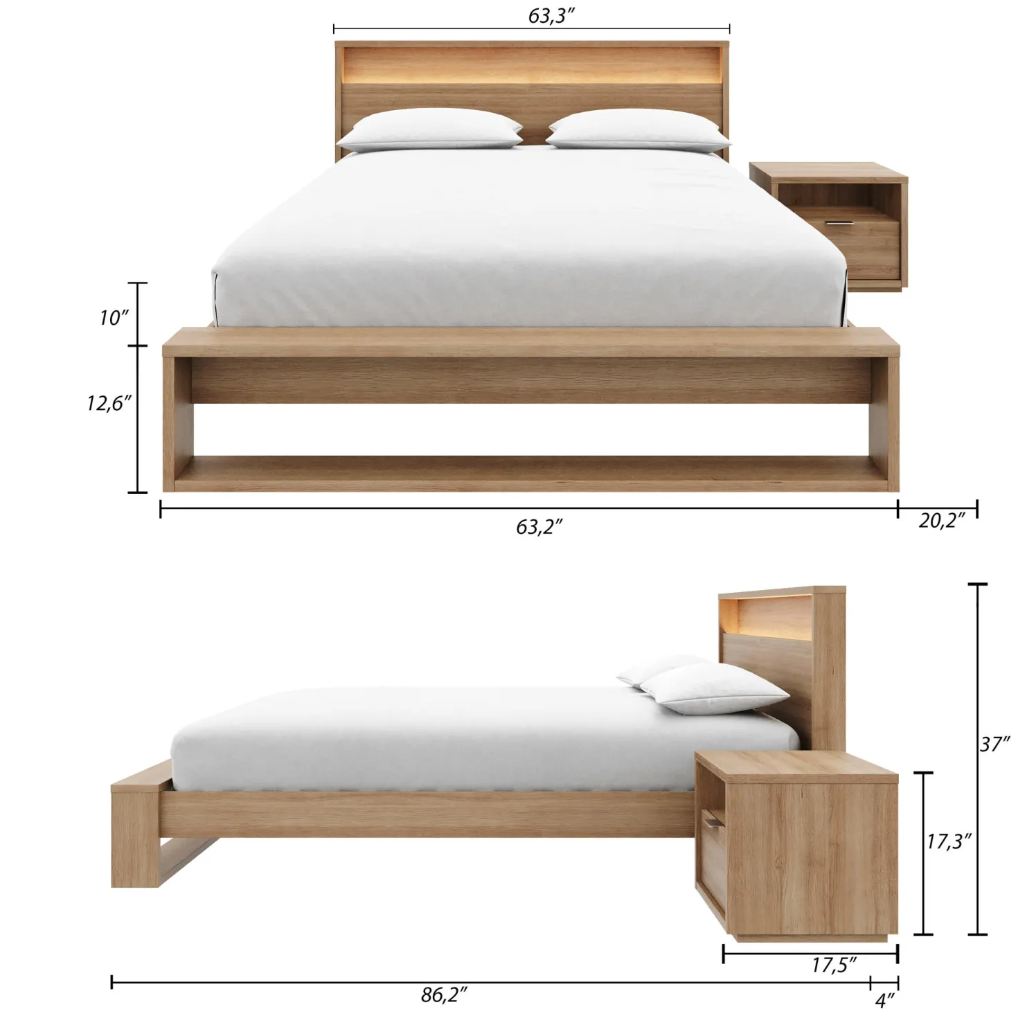 Ensemble grand lit avec éclairage (60") - 3 mcx - Nexera
