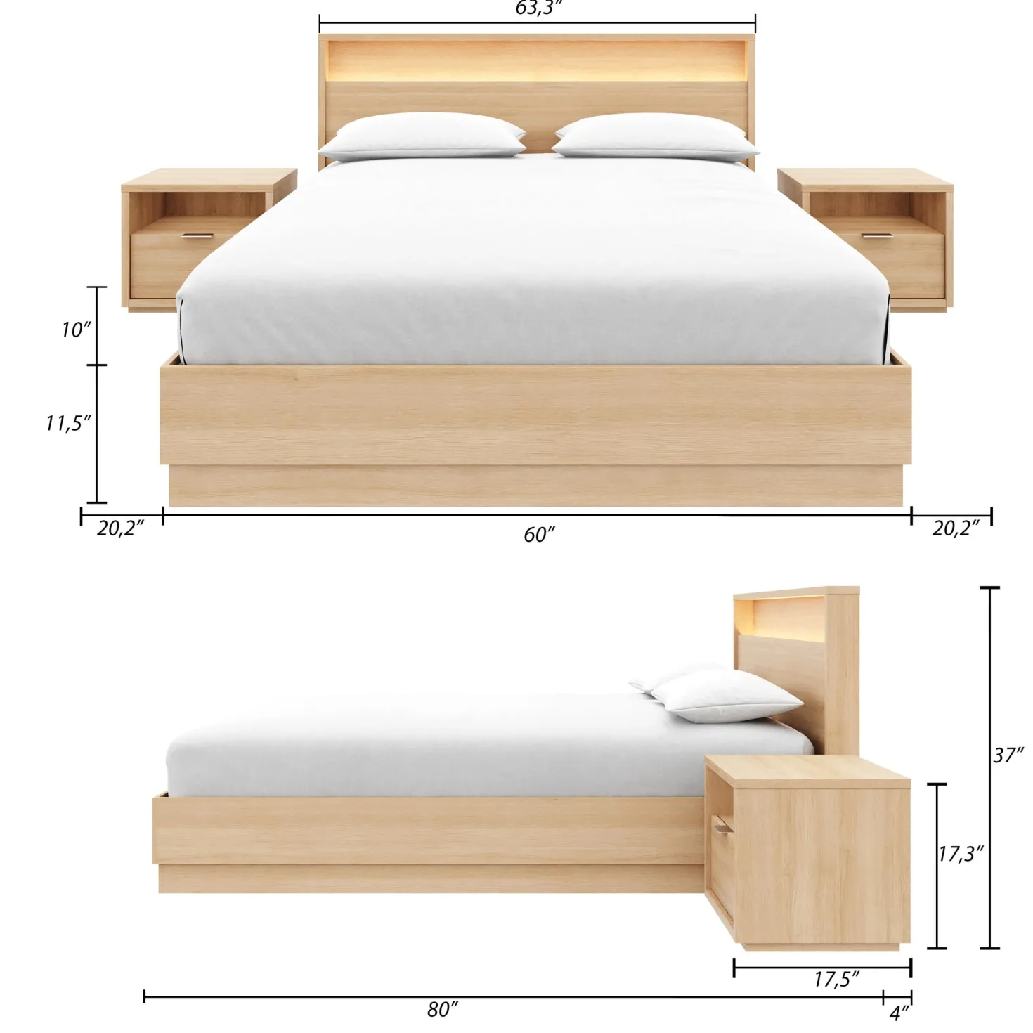 Ensemble grand lit avec éclairage (60") - 4 mcx - Nexera