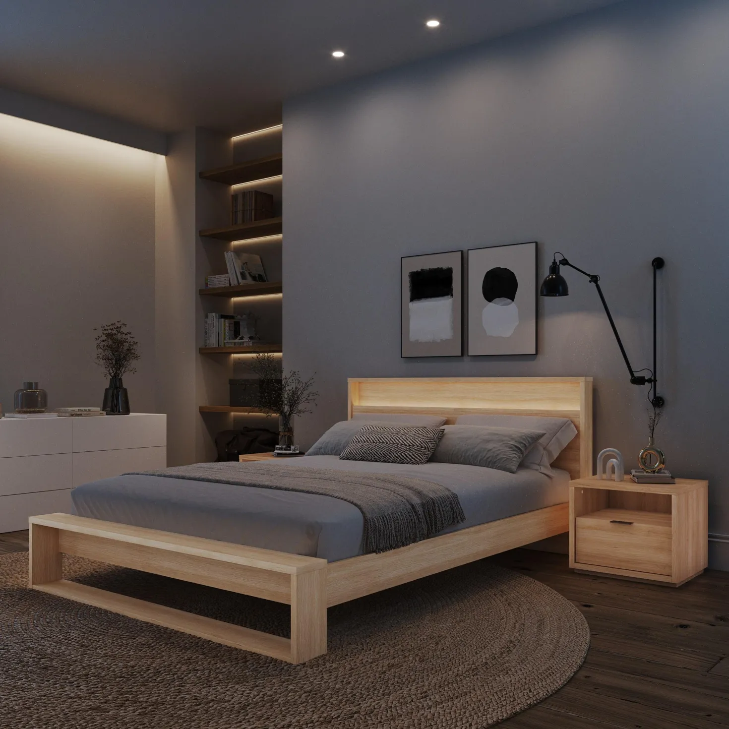 Ensemble grand lit avec éclairage (60") - 4 mcx - Nexera
