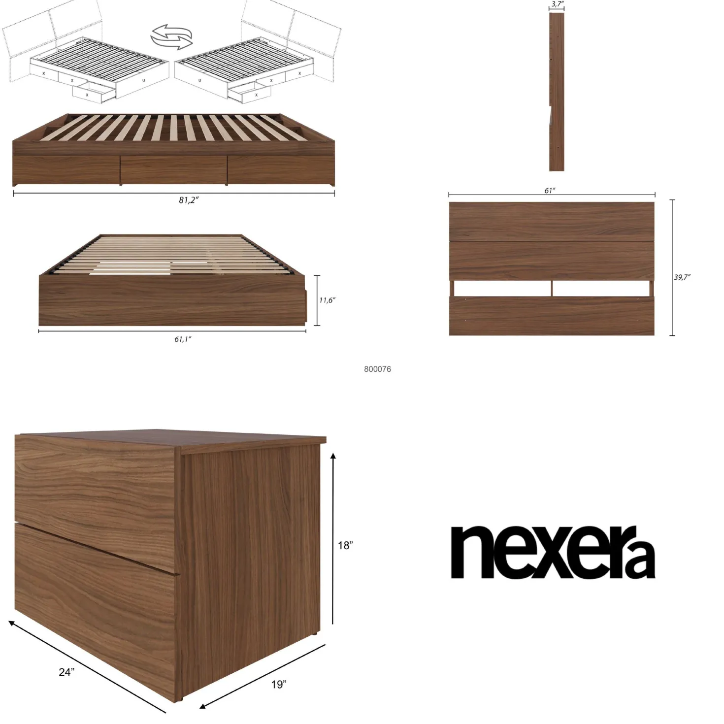 Ensemble grand lit avec rangement (60") - 3 mcx - Nexera