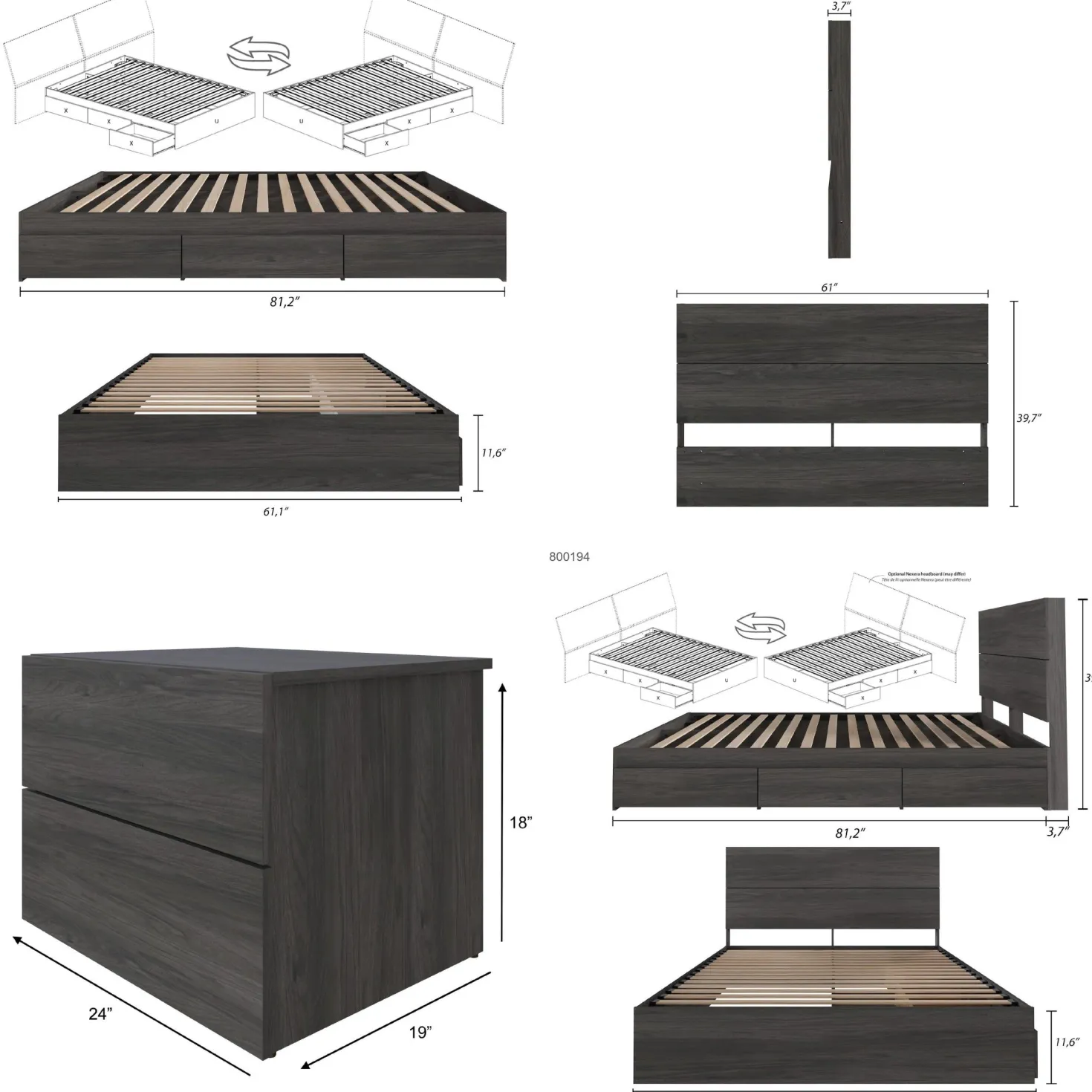 Ensemble grand lit avec rangement (60") - 4 mcx - Nexera
