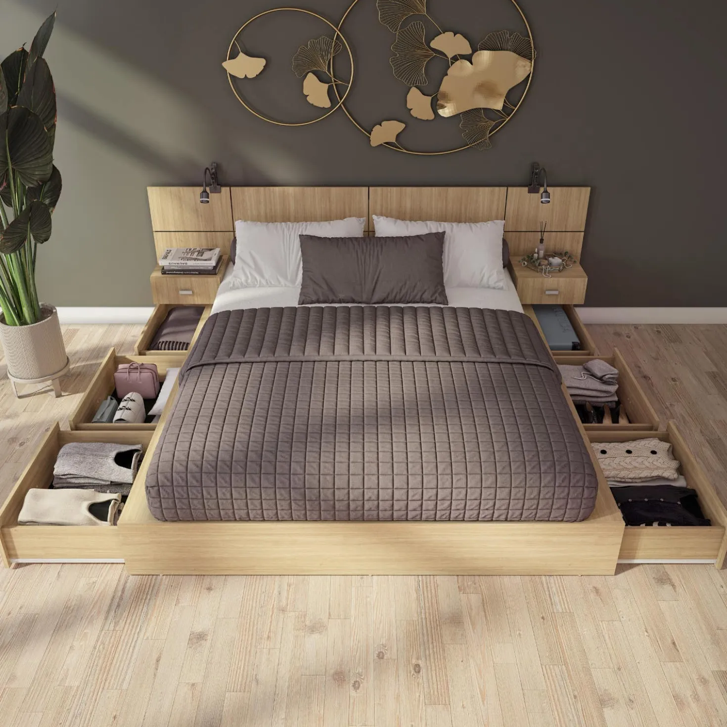 Ensemble grand lit avec rangement 6 tiroirs (60") - 4 mcx
