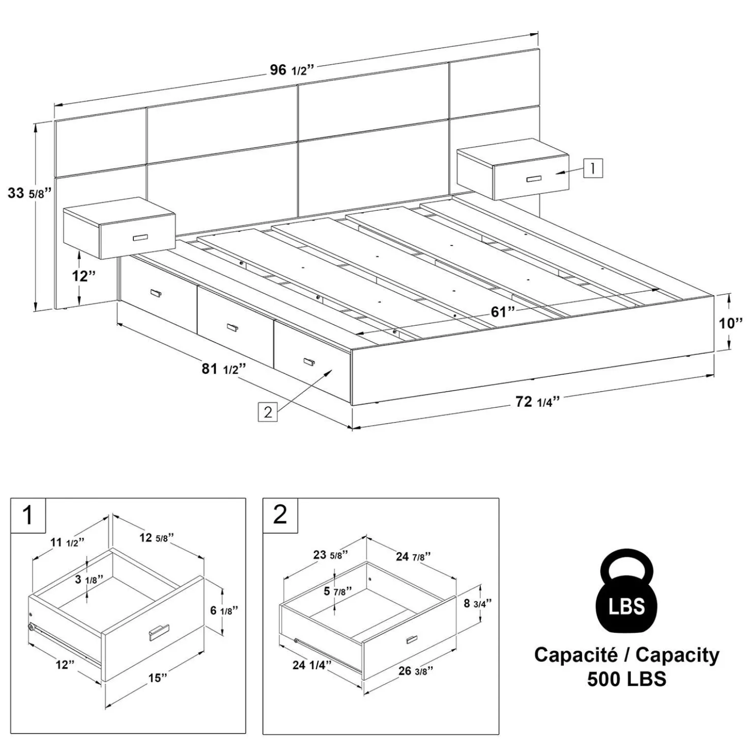 Ensemble grand lit avec rangement 6 tiroirs (60") - 4 mcx