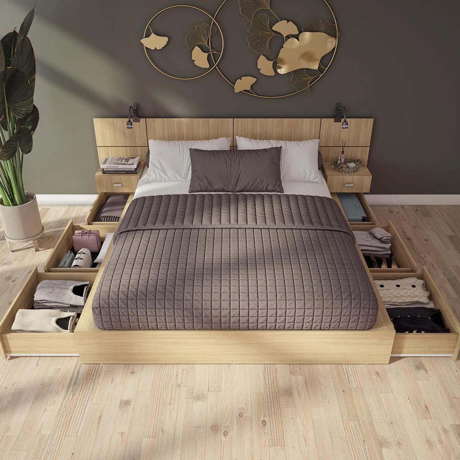 Ensemble grand lit avec rangement 6 tiroirs (60") - 4 mcx