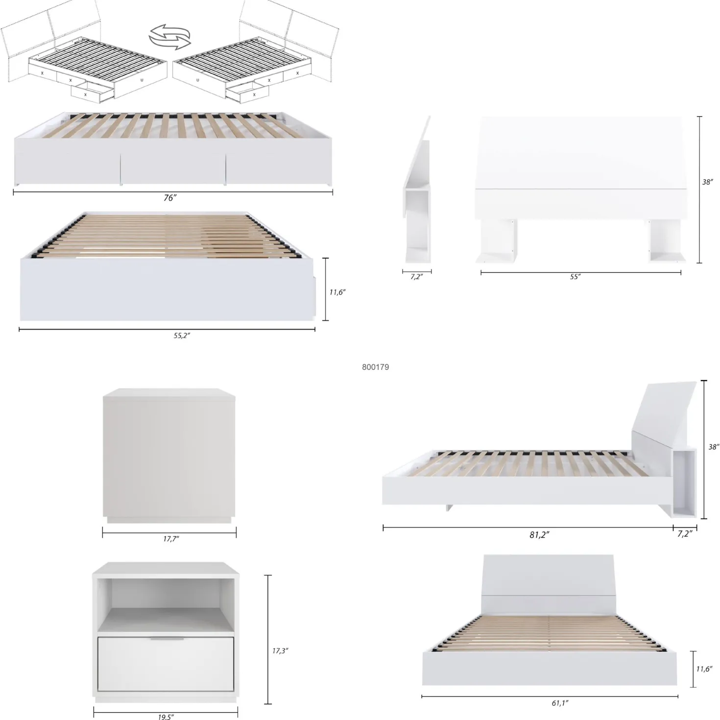 Ensemble lit double avec rangement 3 tiroirs (54") - 4mcx - Nexera