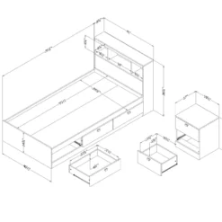 Ensemble lit simple avec rangement 3 tiroirs, tête de lit avec chargement USB et table de chevet (39