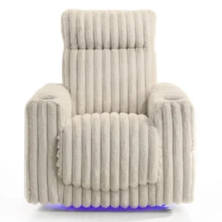 Fauteuil inclinable électrique berçant et pivotant en velours côtelé avec porte-gobelets et éclairage DEL - beige
