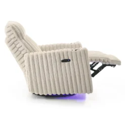 Fauteuil inclinable électrique berçant et pivotant en velours côtelé avec porte-gobelets et éclairage DEL - beige