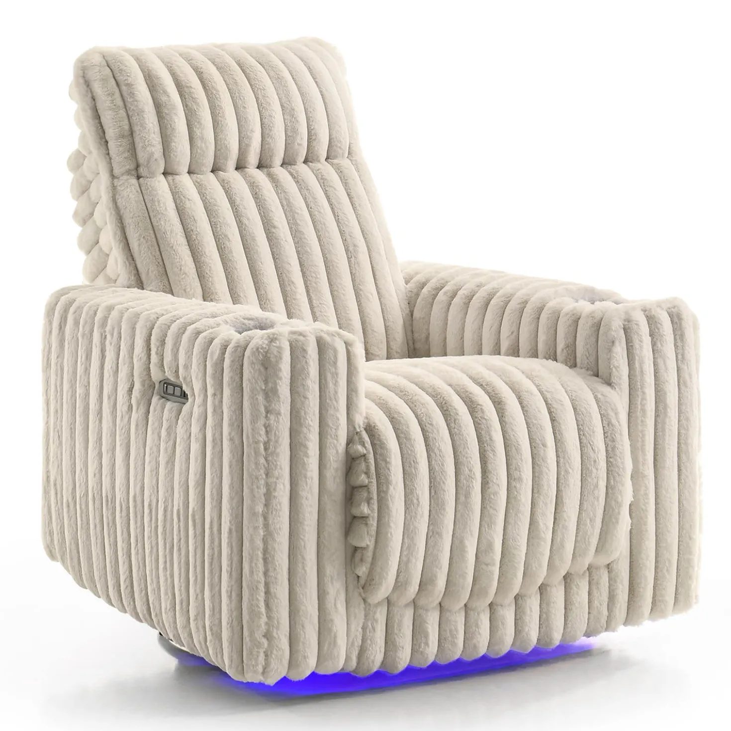 Fauteuil inclinable électrique berçant et pivotant en velours côtelé avec porte-gobelets et éclairage DEL - beige