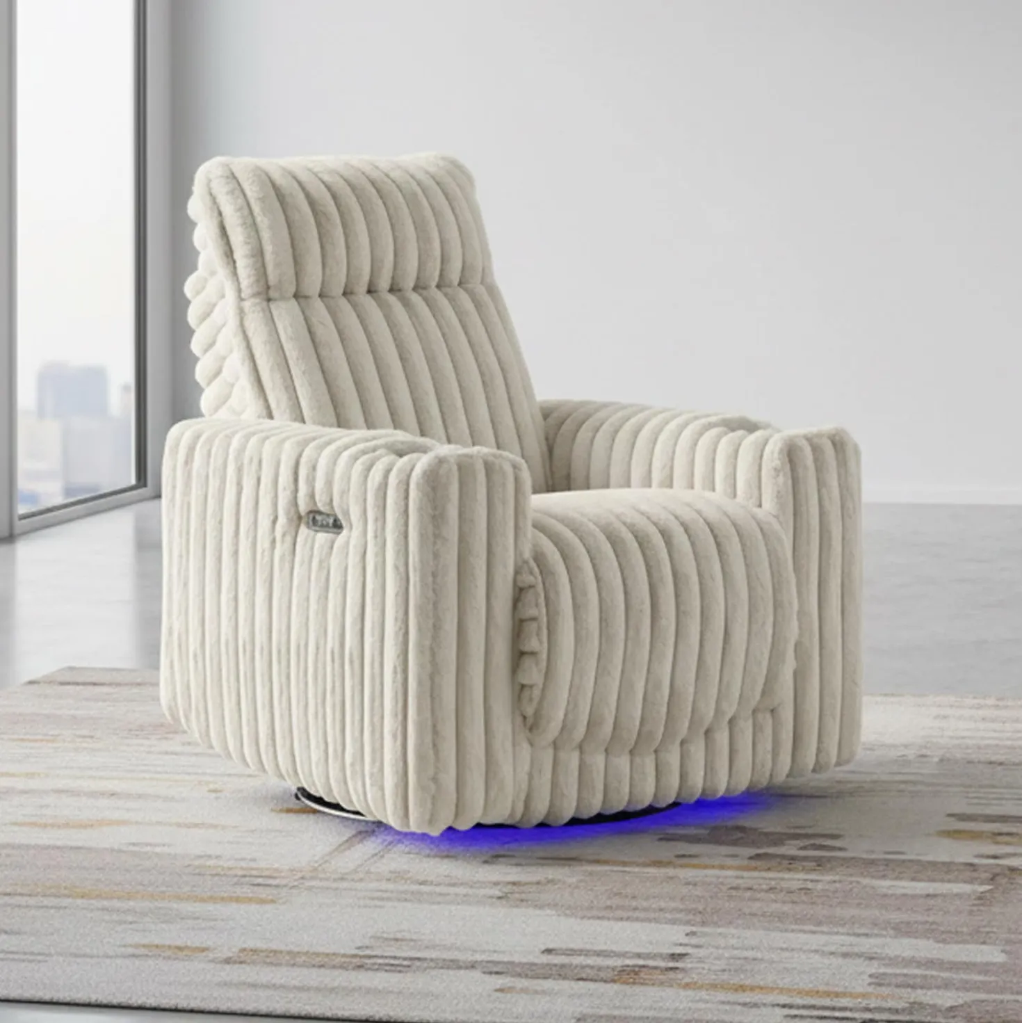 Fauteuil inclinable électrique berçant et pivotant en velours côtelé avec porte-gobelets et éclairage DEL - beige