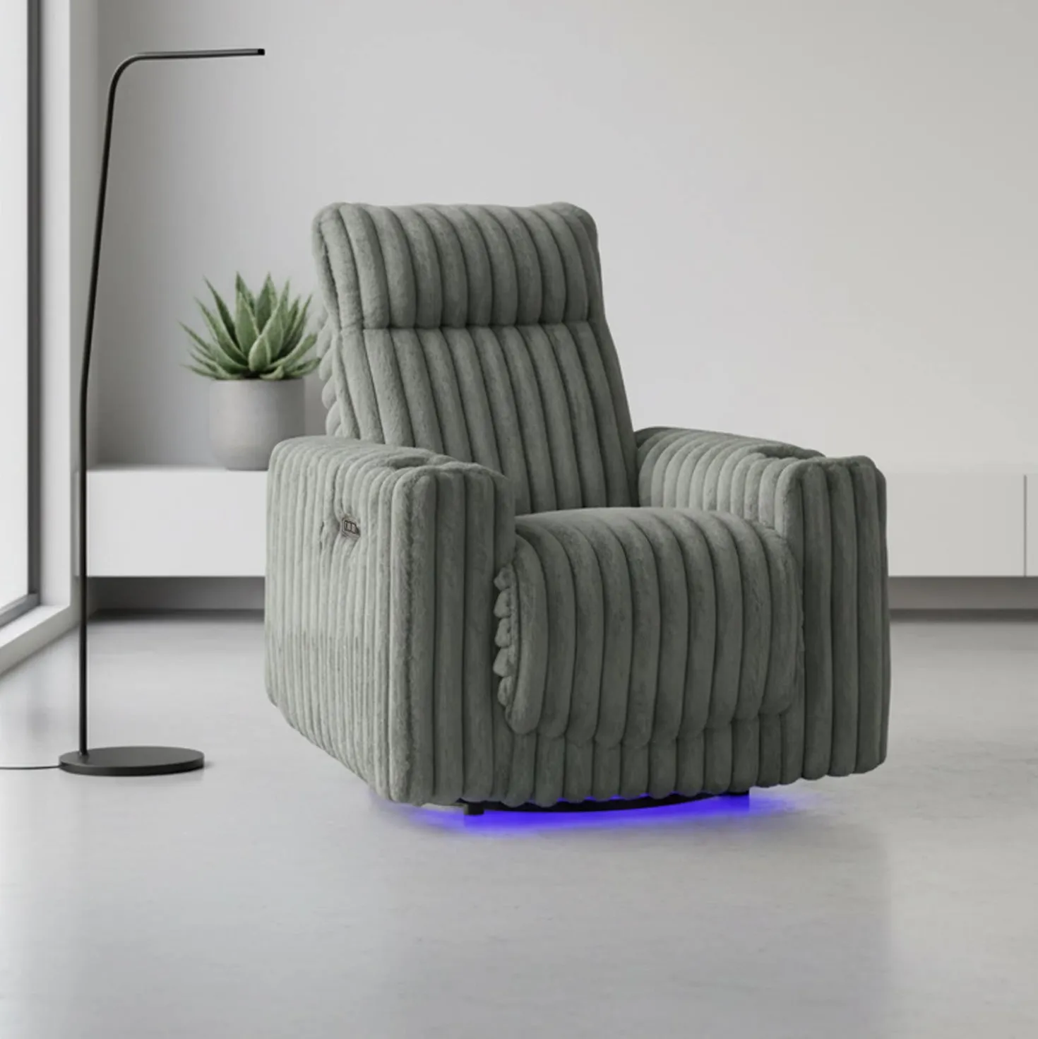 Fauteuil inclinable électrique berçant et pivotant en velours côtelé avec porte-gobelets et éclairage DEL - gris