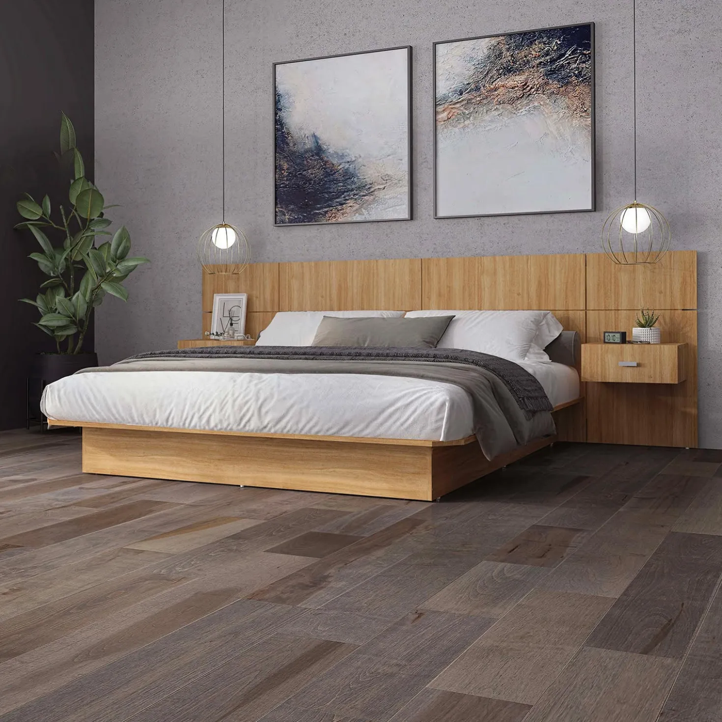 Grand lit avec panneaux et tables de chevet (60")