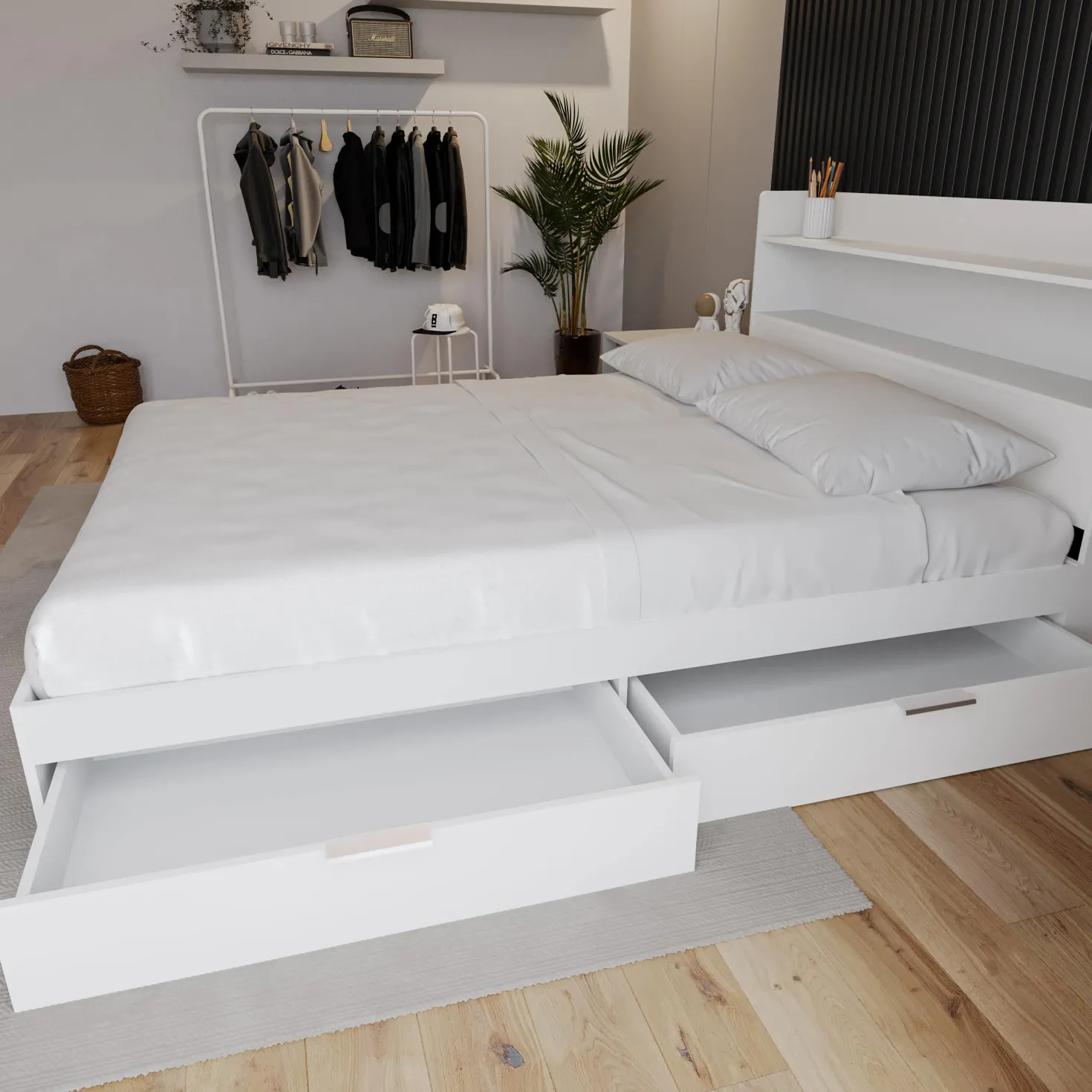 Grand lit avec rangement 2 tiroirs (60") - Nexera