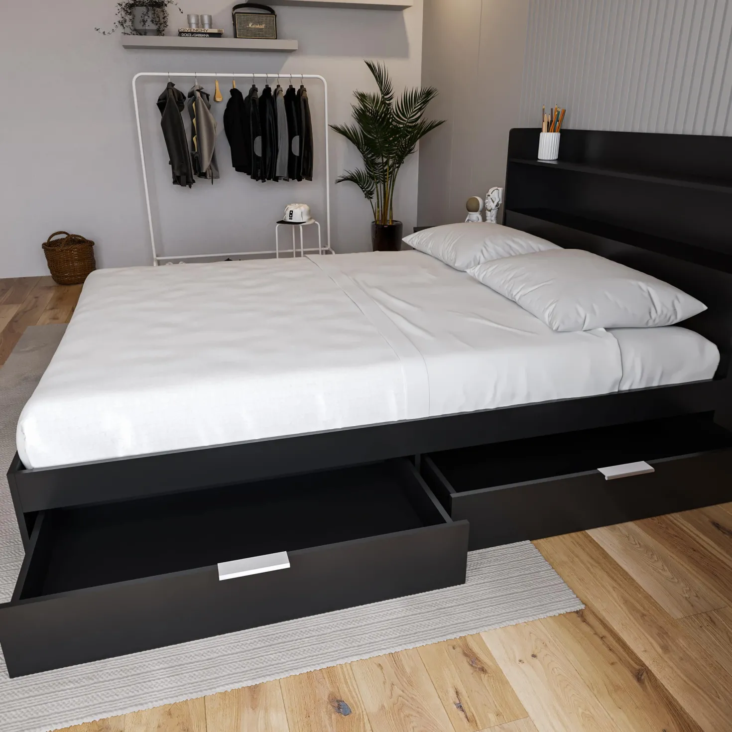 Grand lit avec rangement 2 tiroirs (60") - Nexera