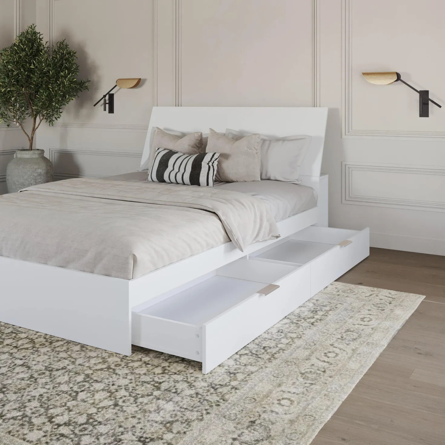 Grand lit avec rangement 2 tiroirs et tête de lit (60") - Nexera