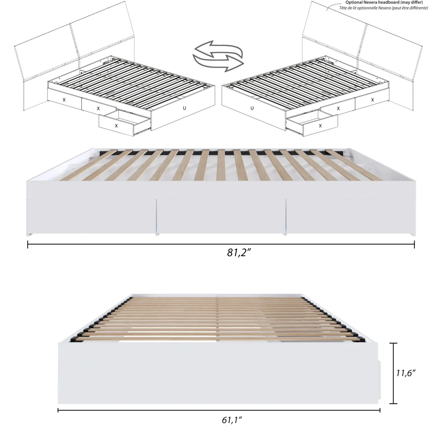 Grand lit avec rangement 3 tiroirs (60") - Nexera