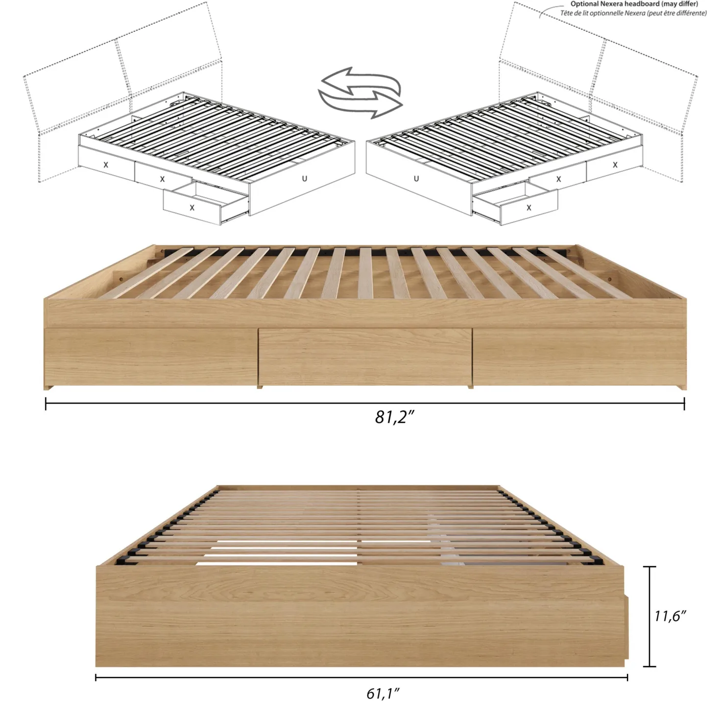 Grand lit avec rangement 3 tiroirs (60") - Nexera