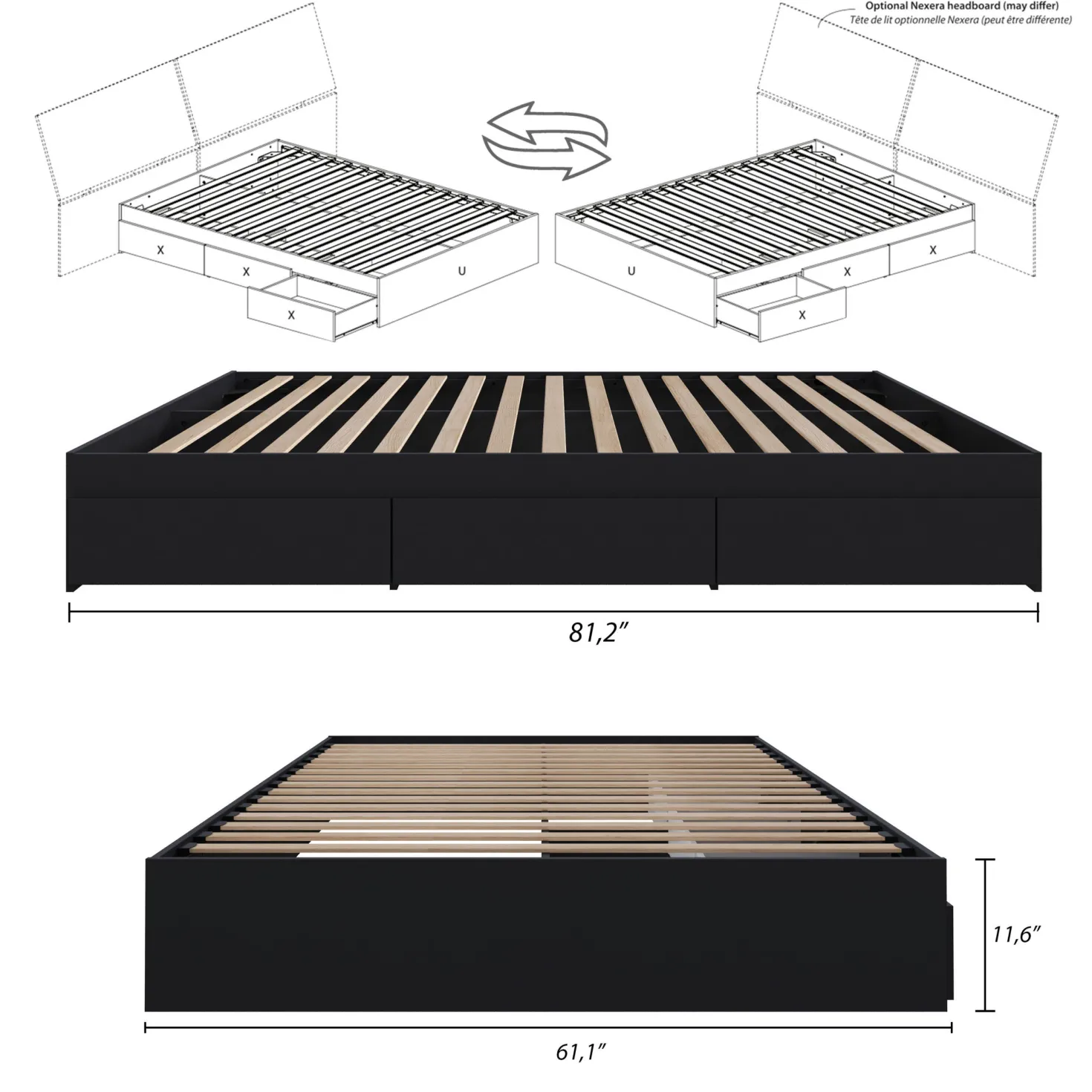 Grand lit avec rangement 3 tiroirs (60") - Nexera