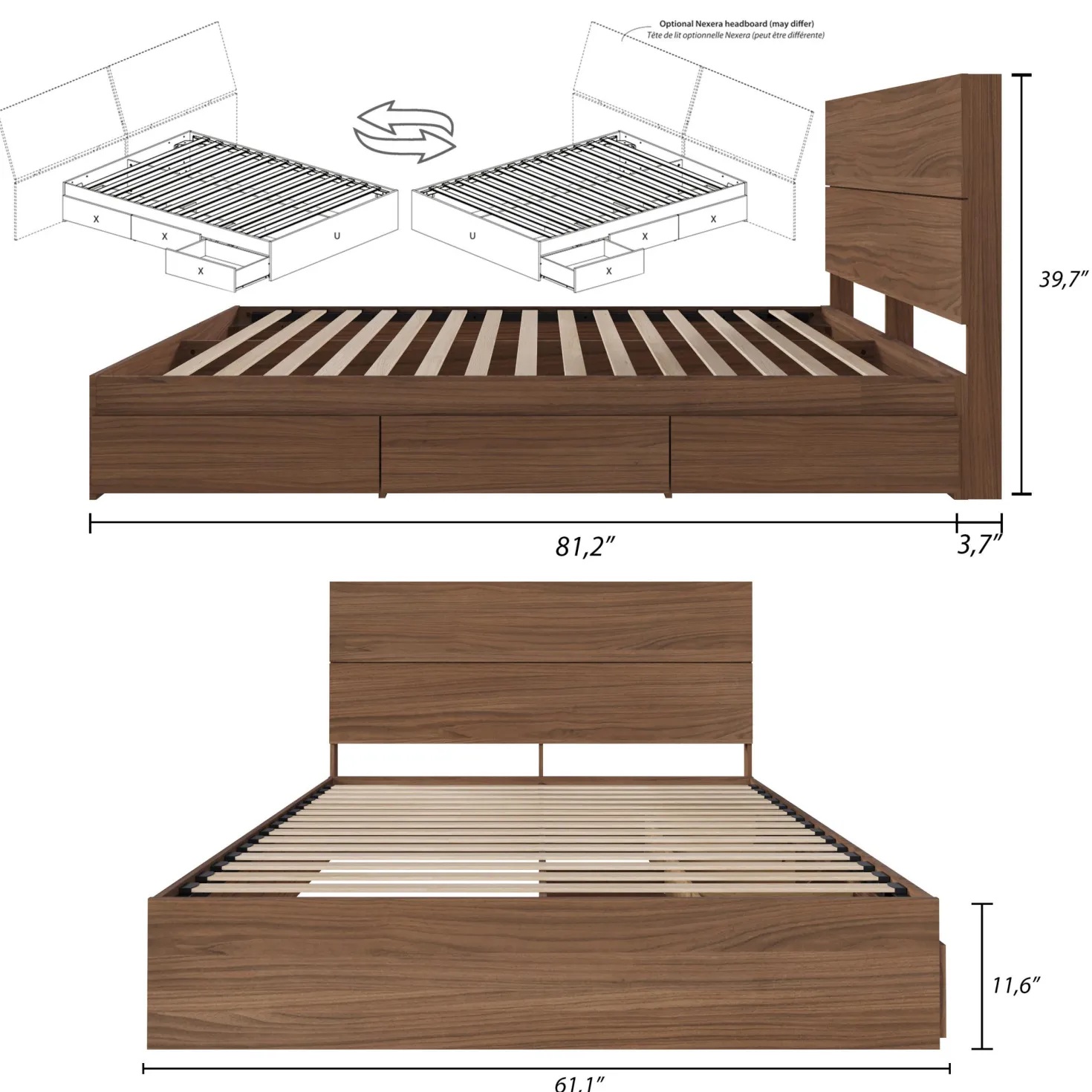 Grand lit avec rangement 3 tiroirs et tête de lit (60") - Nexera