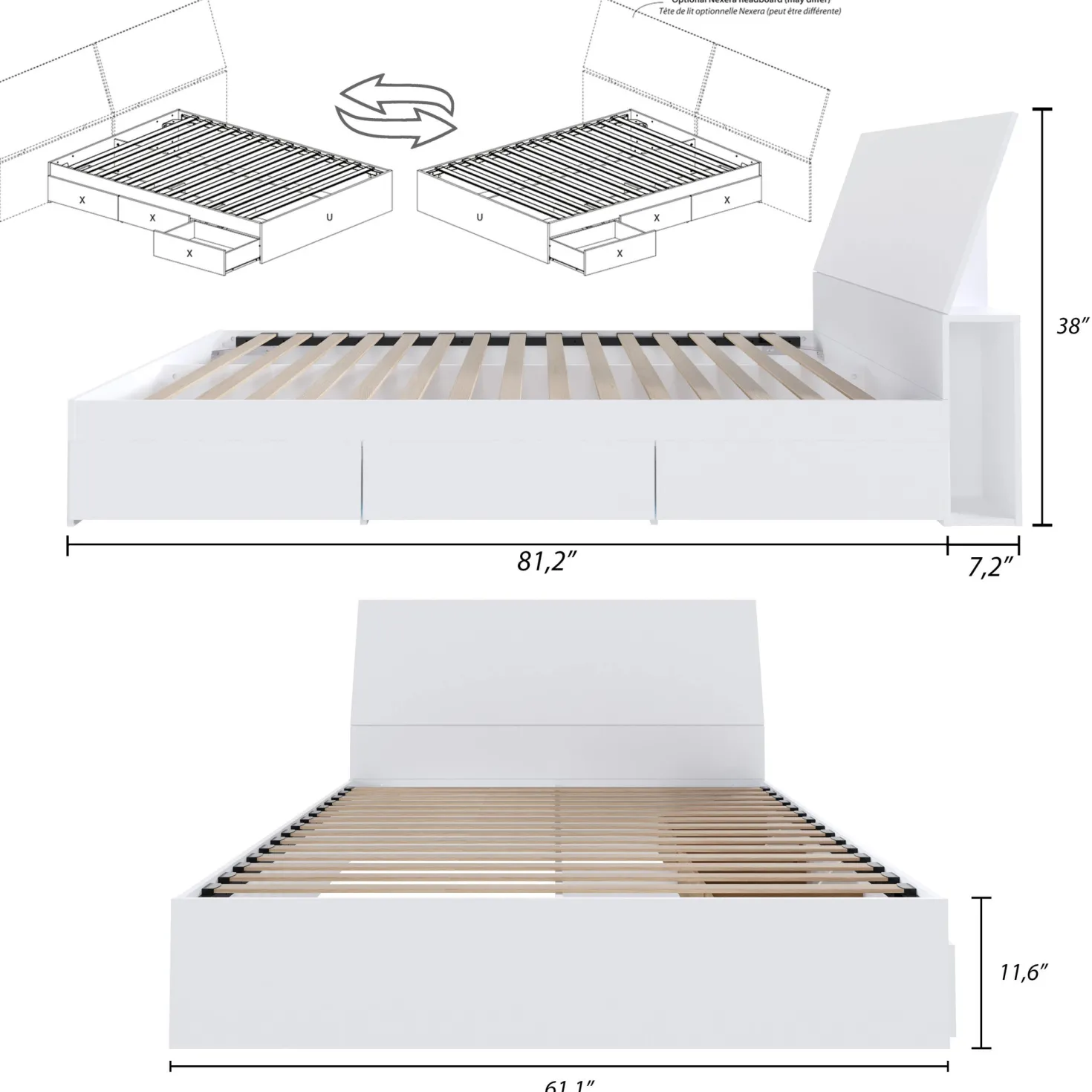 Grand lit avec rangement 3 tiroirs et tête de lit (60") - Nexera