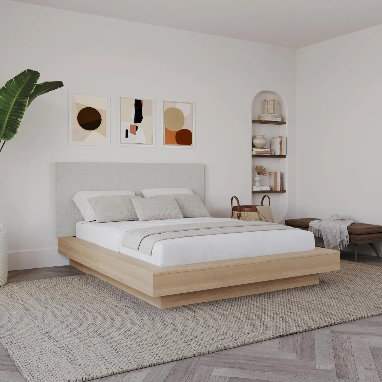 Grand lit plateforme en tissu avec tête de lit (60") - Nexera