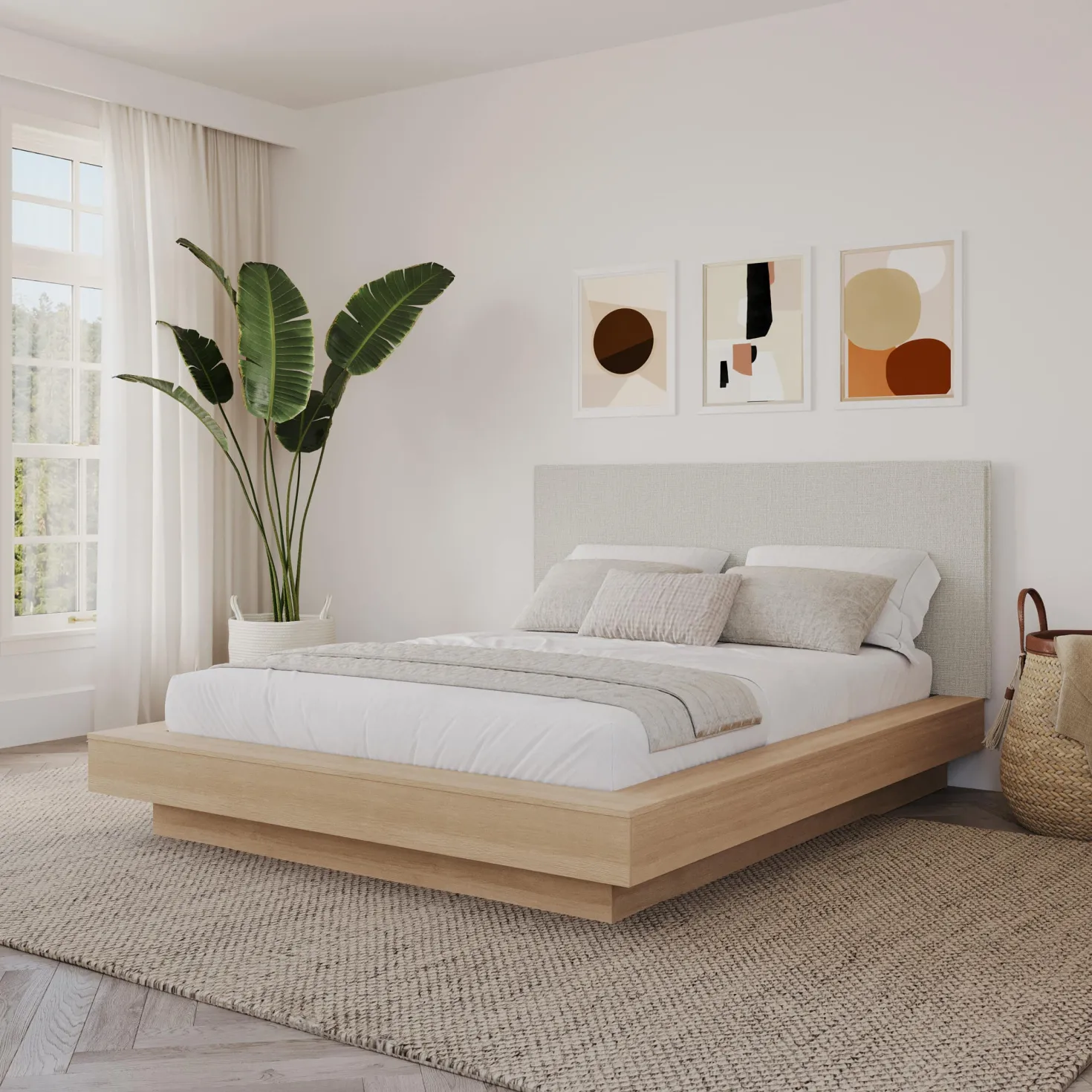 Grand lit plateforme en tissu avec tête de lit (60") - Nexera