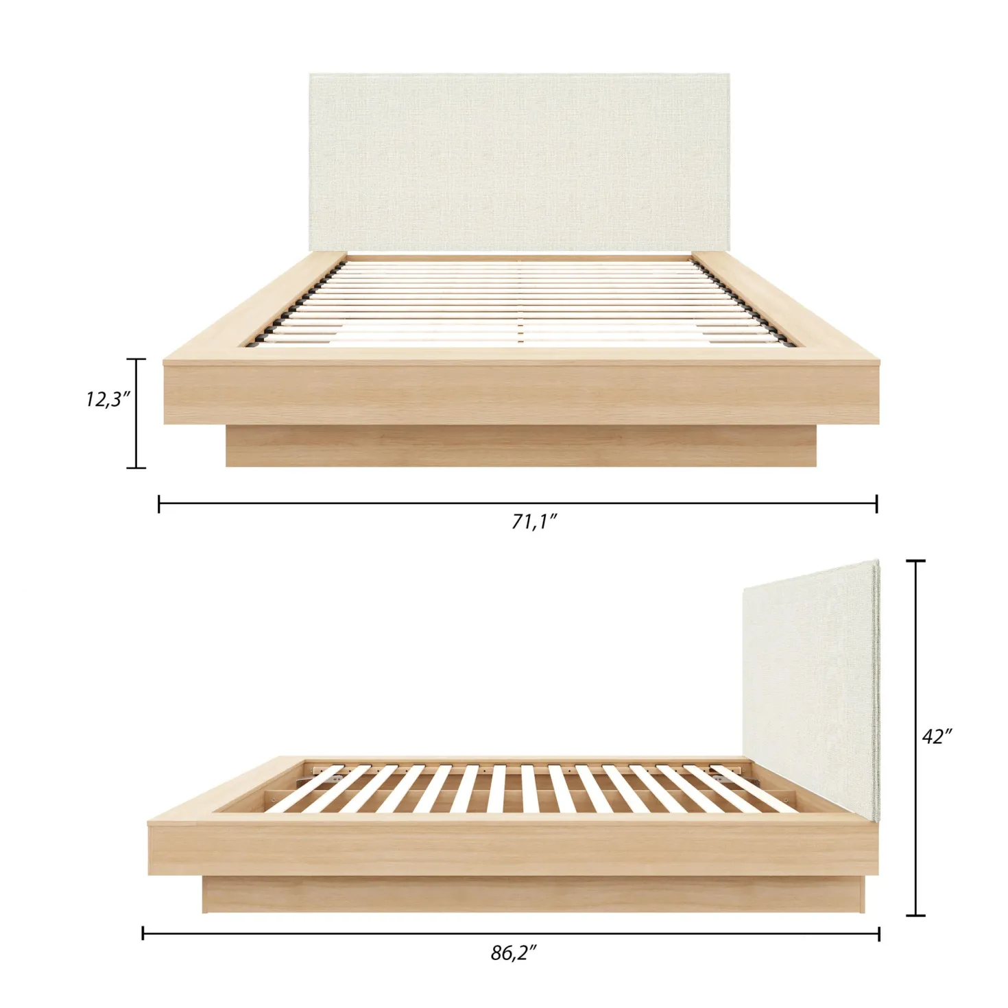Grand lit plateforme en tissu avec tête de lit (60") - Nexera