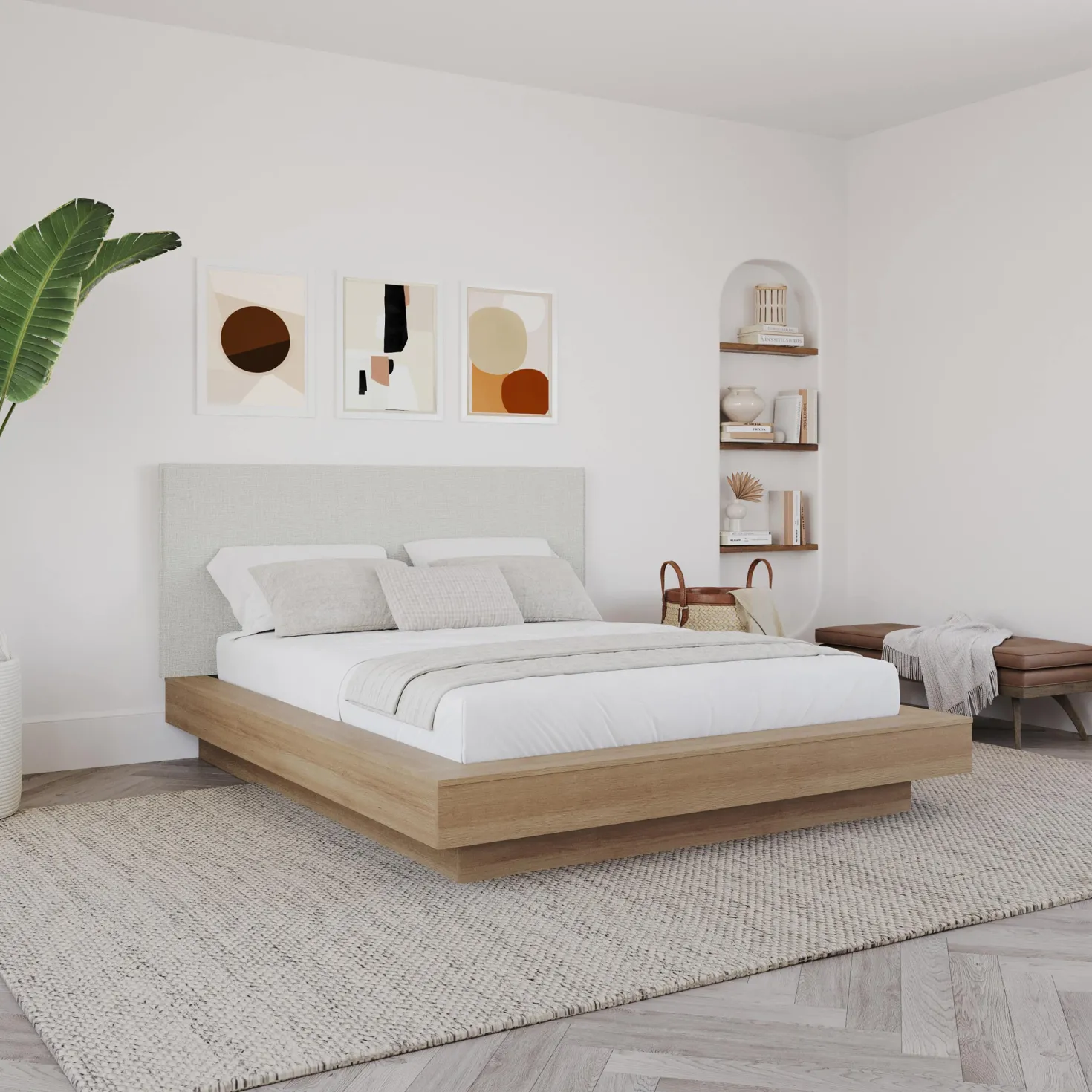 Grand lit plateforme en tissu avec tête de lit (60") - Nexera