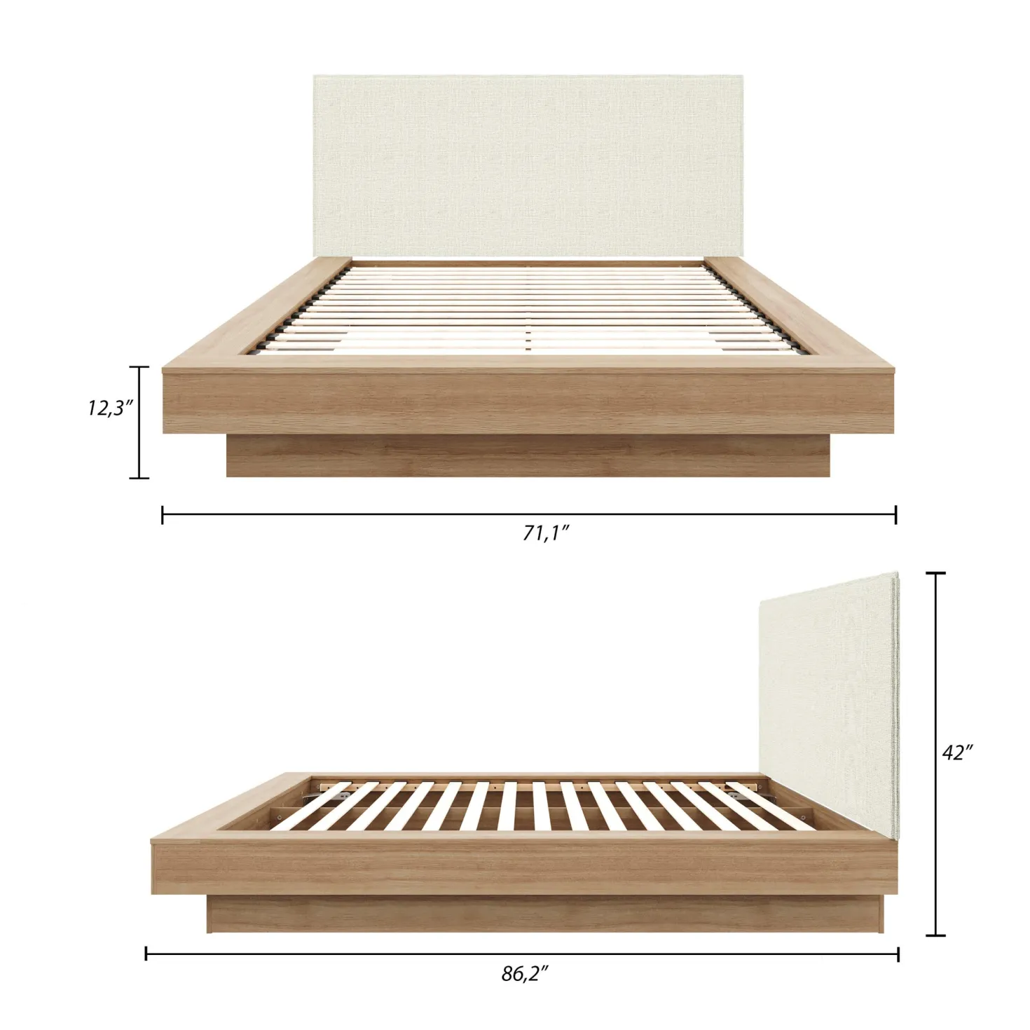 Grand lit plateforme en tissu avec tête de lit (60") - Nexera