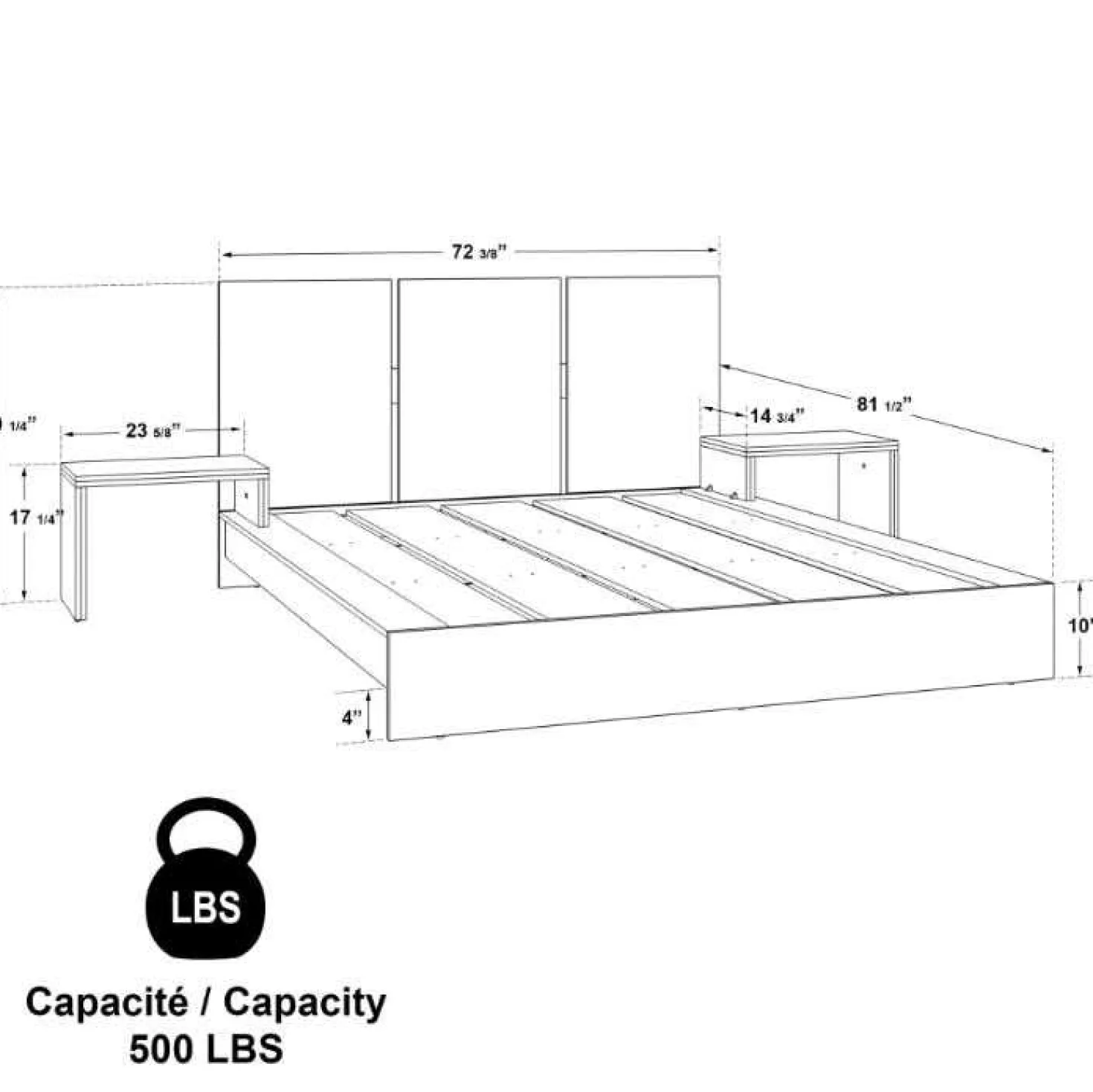Grand lit plateforme et tables de chevet intégrées (60")