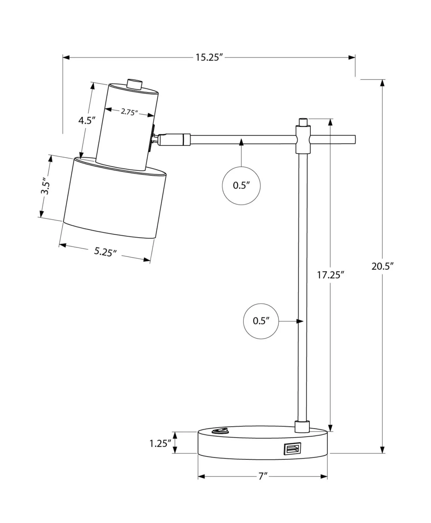 Lampe de table 21"H en métal avec ports usb